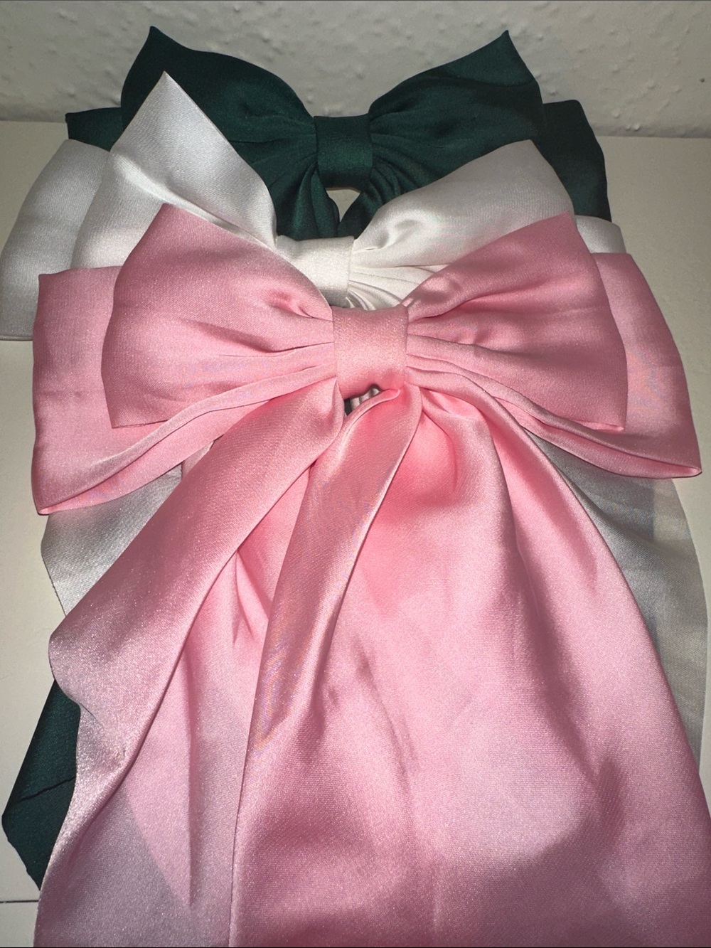Satin Hair Bow Trio - Pink, White & Dark Green